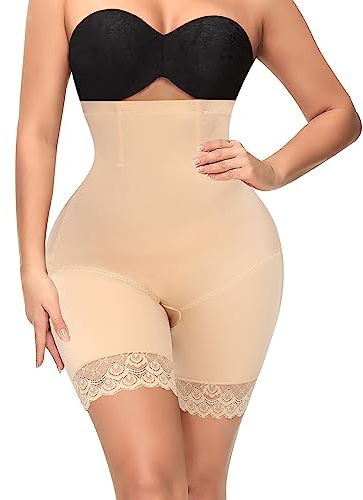Culotte Gainante Femme Ventre Plat Invisible Short Gainant Taille Haute Gaine Amincissante Culotte Sculptante Pantalon Gainant Panty Gainant Anti Frottement Cuisse Dentelle Shorts (Beige-Mesh,3XL)