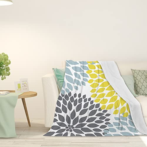 Dahlien-Muster, verdickte Fleece-Überwurfdecke für Couch, türkis, gelb, grau, Dahlia, Plüsch, flauschig, gemütlich, weiche Decken und Überwürfe für Sofa, Gelbgrau, 152,4 x 127 cm