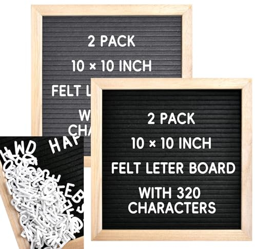 Akamino 2 Pack Felt Letter Board,10 x 10 Inch Wood Frame Message Sign Board with 294 Pcs Letters, Numbers & Symbols, Changeable Square Letter Board Announcement Board for Home Party Decoration