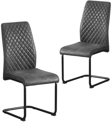 B&D home® Esszimmerstühle Theo 2er-Set – gepolsterte Freischwinger mit Rautensteppung, Wildlederoptik Anthrazit, ergonomische Sitzfläche, schwarzes Metallgestell, Industrial Design