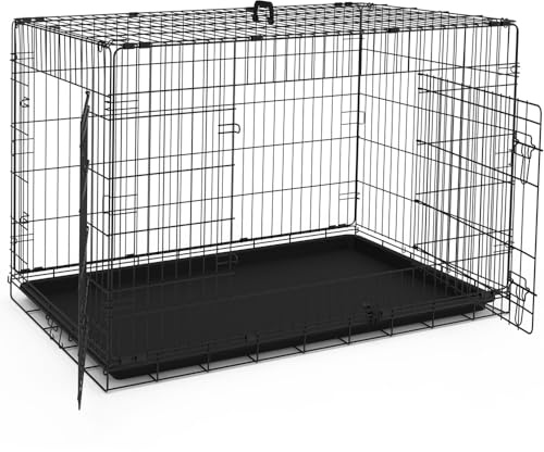 VOUNOT® Gabbia per Cani Pieghevole in Metallo, Cassetta per Trasporto Scatola Trasportino Cani con 2 Porte, Vassoio Rimovibile, 122x75x81cm, Nero