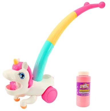 Bubbletastic Blasenspielzeug Kinder, Einhorn Spielzeug Seifenblasen, Lauflernwagen Sommerspielzeug und Geburtstag Geschenke für Kinder, Inklusive Blasen Lösung | Rosa