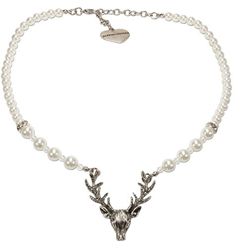 Heimatflüstern Trachtenkette Perle und Hirsch - Damen Perlenkette, Dirndlkette fürs Oktoberfest, Trachtenschmuck zur Trachtenbluse und Lederhose (creme-weiß)