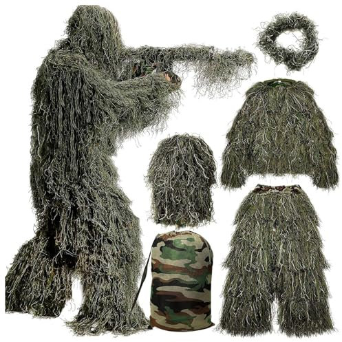 HAZARA 5 in 1 Ghillie Suit for Men Ropa De Caza De Camuflaje 3D Disfraz De Arbusto Incluyendo Chaqueta,Pantalones,Capucha,Bolsa De Transporte para Paintball, Disfraz De Halloween,Forestgreen-Adults