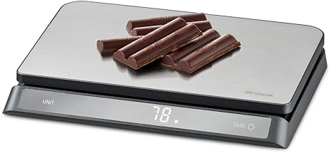 Trisa Elite Digitale Küchenwaage 15kg (1g Genauigkeit), XXL Backwaage mit Hold- & Tara-Funktion, Abgeschrägtes LCD-Display, Lebensmittelwaage in Edelstahl-Optik, Slim Design
