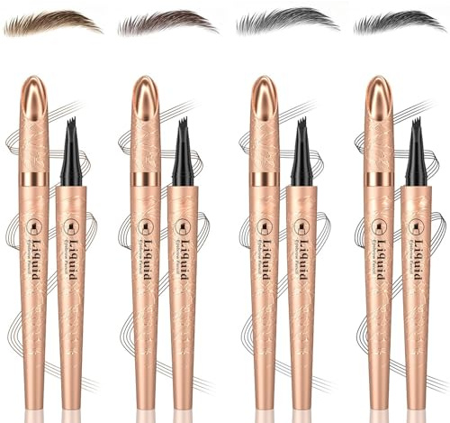 Tkekruh 4PC Lapiz Cejas microblading, 4 puntas lápiz cejas impermeable, Resistente al agua, Fácil de Aplicar y Eliminar, Aspecto Natural, cejas perfectas (Café claro, Café oscuro, Gris, Negro)