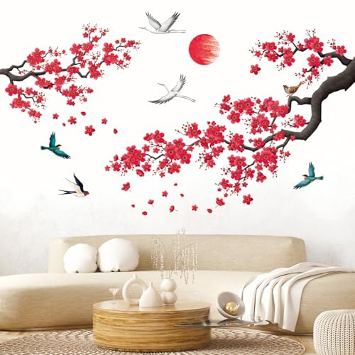 DECOWALL Watercolor Flower Branch Wall Stickers with Birds – Cherry Blossom Tree Decals for Bedroom, Living Room, Sofa & Office Home Décor (SG2-2406)