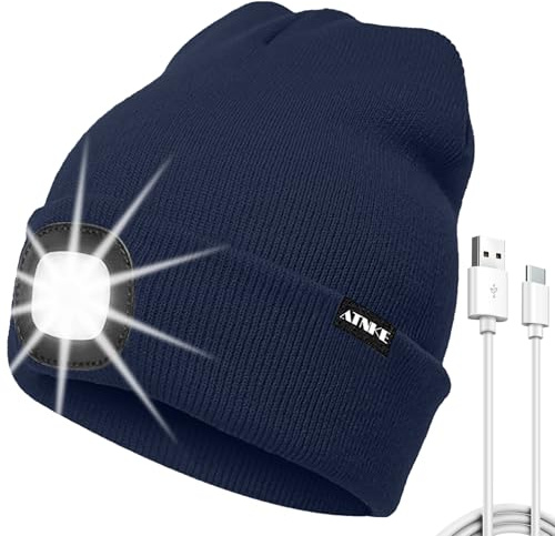 ATNKE LED Mütze mit Licht, USB Typ C Wiederaufladbare 4 LED Beleuchtete Laufmütze Extrem Heller Lampe Winter Warme Stricken Mütze für Herren und Damen Geschenke/Light Navy Blue