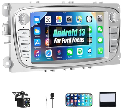 CAMECHO 1+32G Android 13 Radio Coche para Ford Focus mk2 Mondeo Cmax Galaxy Smax Kuga, 7 Pulgadas Pantalla Táctil con WiFi/GPS/Bluetooth/USB/FM/MirrorLink(Silber)