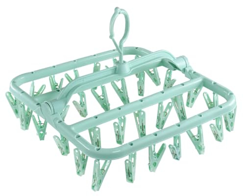SYF-UN Clothes Drying Hanger with 32 Clips, Foldable Design Multi-Functional Sock Dryer and Rotary Wind-sock hanger for washing line, Ideal Hanger for Socks Underwear Bras Clothes (Green)