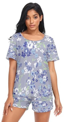 HMZXZ Damen Schlafanzug-Set Sommer Blumen Blume Sommer Pyjama Woman Set,Frühling Blau Blätter Loungewear und Shorts Lounge Set Sleepwear Nachtwäsche