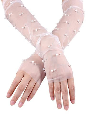 VOLLYOO White Lace Sheer Long Tulle Bridal Wedding Gloves with Pearls Summer Fingerless Elbow Wedding Gloves for Women