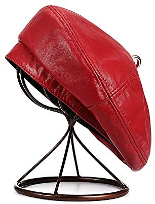 ASumPio Baskenmütze für Damen, Vintage-Stil, echtes Leder, Schaffell, solide Herbst-/Wintermütze, Rot, Groß