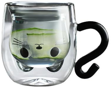 Volumoon Carina Tazza Gatto, Tazza di Latte Doppia Parete, Tazze da Caffè in Vetro Isolante, Tazze Trasparenti, Tazze Forma Ggatto con Manico per Donne Amanti dei Gatti Regalo Compleanno 300ML (Nero)