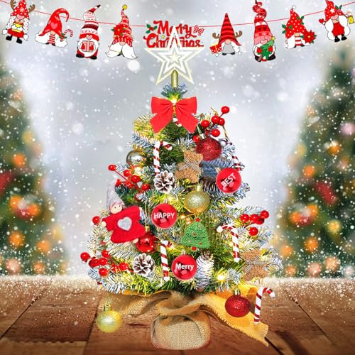 UCAMP Mini Weihnachtsbaum Kleiner,Tannenbaum künstlich mit Beleuchtung LED Tisch Weihnachtsbaum,als Dekoration zur Adventszeit und zu Weihnachten (45cm Rot mit Gold)