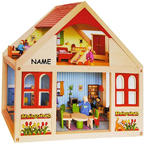 alles-meine.de GmbH XL Puppenhaus aus Holz incl. Namen - Wohnhaus/Puppenstube - von Seite bespielbar - Haus - Spielhaus - z.B. für Biegepuppen Maßstab 1:12 - Puppenstuben - für..