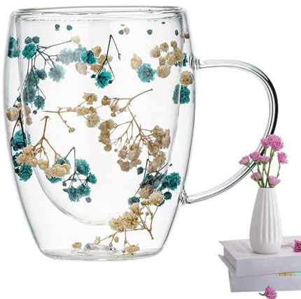 Nybhyjka Tazze in Vetro a Doppia Parete con Fiori Secchi, Tazza con Fiori Secchi con Manico, Tazza da caffè Trasparente con Fiori Secchi da 350 ml, Tazze in Vetro Trasparente Creativo con Manico