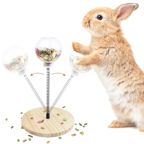 FlidRunest Rabbit Foraging Ball with Wooden Base, Interactive Slow Feed Treat Ball Release Puzzle Toy for Rabbit, Feeder Boredom Busting Fun Maintain Your Bunny Entertained