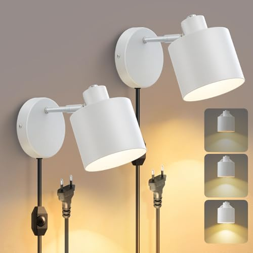 Glowlit 2 Stücke Wandlampe mit Stecker und Schalter, Weiß Wandleuchte mit Kabel 360° Drehbar, E27 Wandleuchten Innen für Wohnzimmer Schlafzimmer Flur, Glühbirne Nicht Enthalten