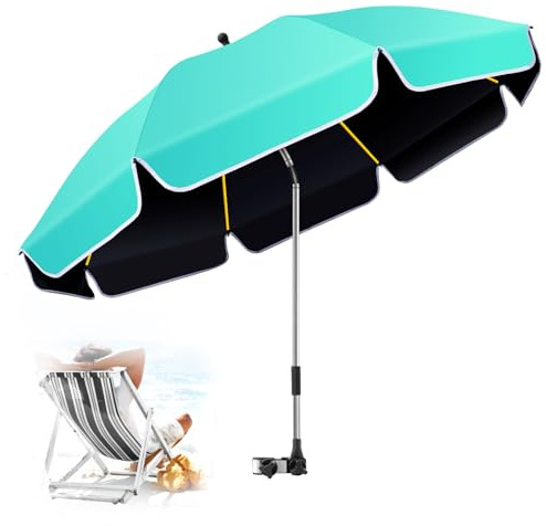 QTREE intelligence 124 cm großer Strandschirm mit Klemme, Sonnenschutz für Strandkorb, 360° verstellbarer UV-Schutz, Golfschirm mit Clip für Outdoor, Terrasse, Kinderwagen, Rollstuhl