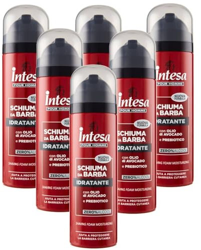 Intesa Pour Homme Schiuma da Barba Uomo 300 ml – Senza Alcool, Emolliente e Protettiva, Per Pelli Sensibili, Rasatura Delicata e Confortevole (Idratante 6 Unità)