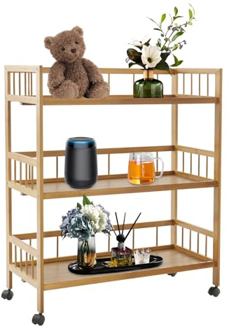 HIFMGHE 3-Tier Bamboo Rolling Cart, Kitchen Serving Cart, Storage Rack Utility Mobile Trolley with 4 Wheels for Home Bar Living Dining Room (27.5x11.8x32.3in)