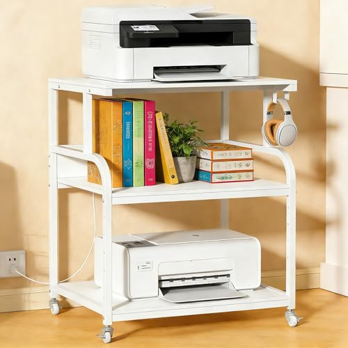 Tohomeor 3-Ebene Druckertisch mit Universalrollen 60 x 48 x 75 cm mobiler Druckerständer aus Holz & Metall Druckerwagen Aufbewahrungsregal bis zu 80 kg belastbar für Büro Zuhause Office Schule (Weiß)