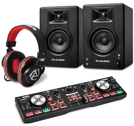 Numark DJ2GO2 Touch DJ Controller and M-AUDIO BX4 Pair Bluetooth Studio Monitors with Headphones for Studio Recording, Music Production, Podcasting, Streaming