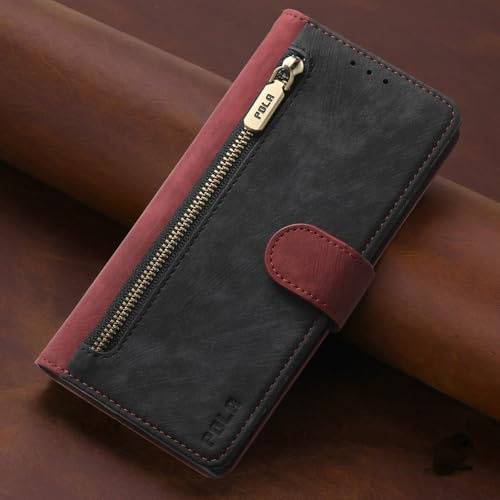BEENTRYS Cuero Funda para Moto E13 4G Funda,Tipo Billetera Cartera Cubierta Ranura para Tarjeta Soporte Bolsillo Cremallera RFID Magnético PU Antigolpes Carcasa-Negro