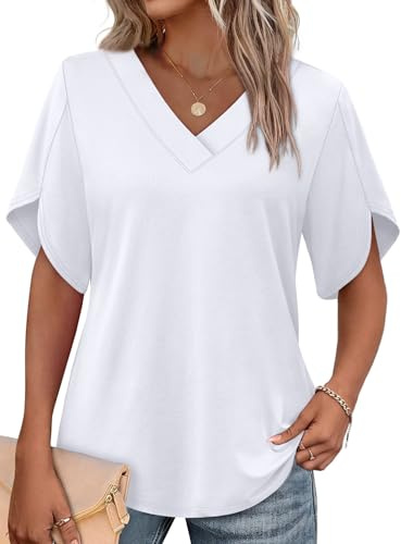 WIHOLL White Shirt Womens Blouses for Women Cute Tops Dressy Casual V Neck Shirts Fashion Clothing School Outfits for Teachers Womens Summer Tops White L
