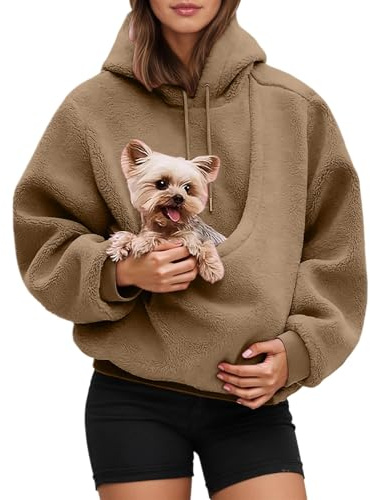 hoodie damen weiß, Damen Hoodie mit Katzen Hund Tasche Haustier Kapuzenpullover Winter Warm Langarm Sweatshirt Kuschel Hundetasche Kapuzenpulli Übergröße Katzentasche Pullover Niedlicher Pulli Khaki M