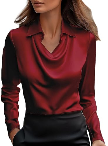 Richymfa Camisa de mujer elegante de manga larga camisa de seda mujer ceremonia negra Blusa y cuello de revers suave blusas de raso de seda elegantes ligeras Blouses de trabajo cómoda