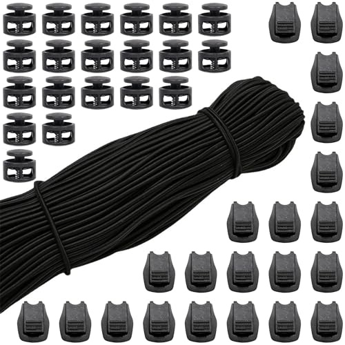 Zuuyye Gummischnur 3mm Rund, 10m Elastische Schnur mit 40 Kordelstopper & Kordelclamp, Schwarzes Gummiband für Rucksack, Wäscheleine, DIY, Outdoor
