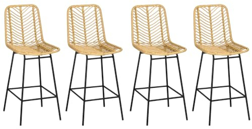 HOMCOM Barhocker 4er Set Rattenoptik Rückenlehne Gelb 42,5 x 52 x 102 cm | Barstuhl, Tresenhocker, Küchenhocker im Boho-Design, Thekenstühle für Esszimmer, Küche, Stahl