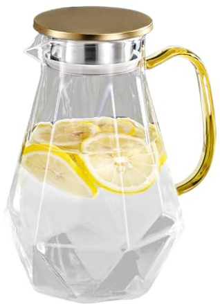 Glass Water Pitcher - 1.5L Heat Resistant Juice Container | Drink Dispenser with Lid & Elegant Handle for Home Kitchen Bar Party Camping Outdoor Picnic Table Travel Beverage Serving