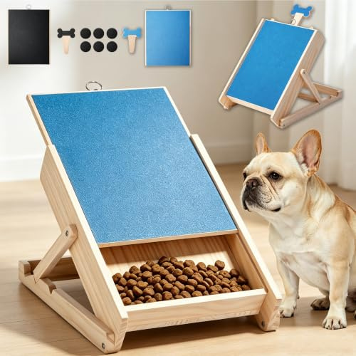 Adjustable Dog Nail Scratch Board with Treat Box, 2 Interchangeable 80/120 Grit Filing Boards and Handheld Nail File, 4 Filing Angles, Wooden Dog Nail Filing Board for Paw Care