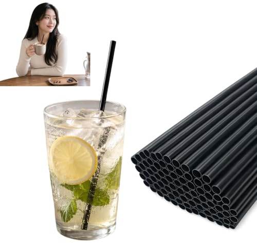 Lot de 100 Pailles en Plastique Réutilisables Noir (21x0,6cm), Alternative aux Pailles Plastique Jetables, Robustes PP Sans BPA, Lavables, Idéales pour Cocktails, Café et Fêtes