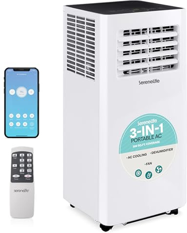 SereneLife Climatiseur Mobile, 9K BTU, Climatiseur et Déshumidificateur Portatif, Wi-Fi Activé, Élimine 1, 1 Litre d'Humidité par Heure pour un Refroidissement Rapide jusqu'à 28 Mètres