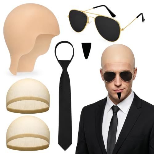 Vervora 6 Pcs Bald Cap Set for Adults, Latex Bald Head Costume Kit with Sunglasses, Black Tie, Fake Beard and Hair Nets, Funny Fancy Dress Accessories for Halloween, Stag Do and Cosplay Party