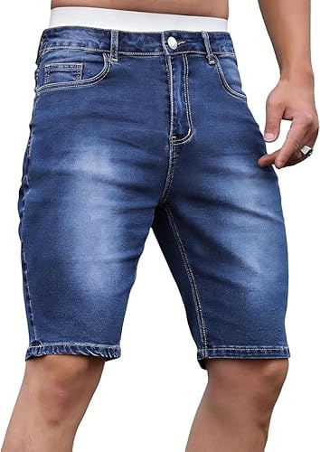 Enfärgade jeansshorts for män for män i modestil Knälånga lastunderdelar for vardagskläder(Blue,S)