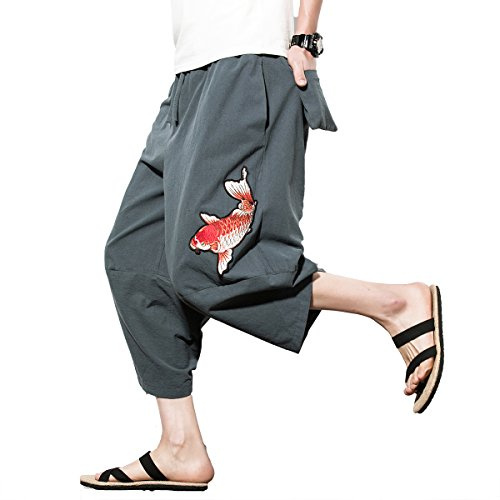 INVACHI Men's Harem Capri Pants Elastic Waist Loose Fit Drawstring Beach Yoga Trousers with Pockets A-Grey