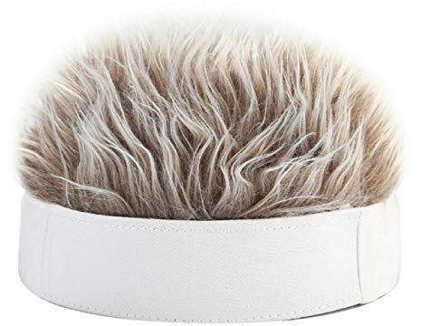 Sinye Men Women Novelty Hip Hop Beanie Hat with Spiked Fake Hair Funny Retro Short Melon Wig Skull Landlord Cap Adjustable Streetwear (White Hat Coffee Wig)