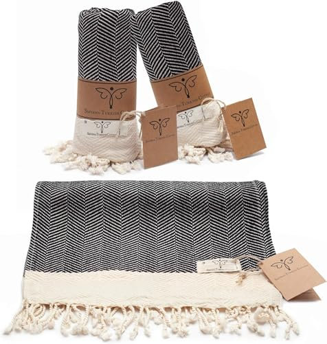 Smyrna Turkish Cotton Fischgräten-Serie Handtuch - 2er Set | 40x100cm | 100% türkische Baumwolle | Haartücher, weiche Waschlappen für Bad & Küche | läuft Nicht EIN | Premium Luxus - Schwarz