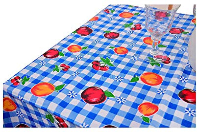 Alux - Waterproof Oilcloth Table Cloth - Wipeable Tablecloths for Picnic - Non-Fading Plastic Table Cover with Better Than Flannel Backing - Gingham and Fruits Blue (55x70in Rectangle)