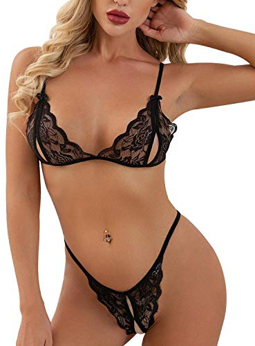 heekpek Set Lingerie Donna Intimo Confortevole Reggiseno Pizzo Regolabile Completi Intimi con Reggiseno e Perizoma, Nero, L-XL