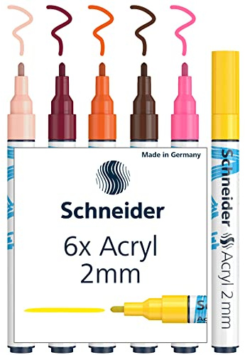 Schneider Paint-It Acrylstifte (Set 3 mit 2 mm Rundspitze, hochdeckende Acrylfarben für Holz, Leinwand, Stein uvm.) 6 Stück, sortiert, 2mm Strichbreite
