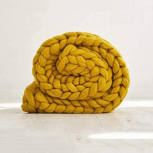MANG Handgewebte Kuscheldecke Klobig Zopfmuster Grobstrick Gestrickte Decke Grobe Strickdecke Wollimitatdecke, 40x60inch, Gelb/Weiß