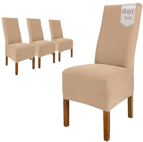 Scheffler Home Stuhlhussen 4er Set Beige Jersey Baumwolle Emma | Waschbare Stuhlbezüge, Stretch Chair Cover für Hochlehner, Polsterstühle und Esszimmerstühle, Öko-Tex zertifiziert