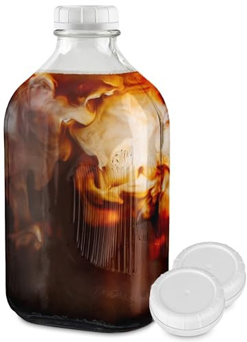Stock Your Home Half Gallon Glass Bottle with Lid (1 Pack) 64 Oz Jugs and 3 White Caps, Reusable Food Grade Container for Refrigerator, Bottles for Juice, Oat or Plant Milks, Water, Honey