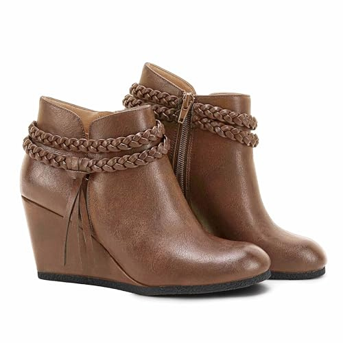 Fashare Womens Wedge Ankle Boots Braided Fringe Strap Western Heeled Winter Booties Dress Shoes,Suede Brown, Size 10